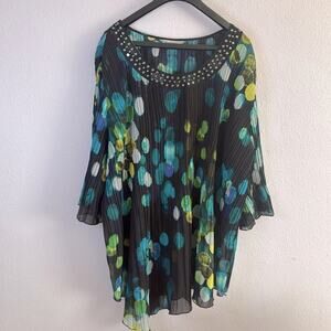 Catherines Women Teal/Black Beaded Pleated Asymmetrical Style Blouse Size 3XL